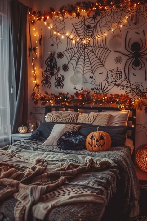 Halloween Lights In Bedroom, Fall Halloween Room Aesthetic, Spooky Room Decor Bedroom, Halloween Room Aesthetic, Halloween Room Ideas, Halloween Room Decorations, Cozy Halloween Bedroom, Halloween Interior Decor, Halloween Bedroom Ideas