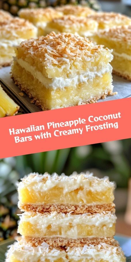 Hawaiian Pineapple Coconut Bars with Creamy Frosting | Tropical Dessert Recipe Indulge in a tropical escape with these Hawaiian Pineapple Coconut Bars! Bursting with fresh pineapple and shredded coconut flavors, and topped with a creamy frosting, these delightful bars are perfect for any occasion. Easy to make and irresistibly delicious, bring the sunshine of Hawaii into your kitchen today! Hawaiian Desserts Easy, Aloha Christmas, Hawaiian Desserts, Tropical Desserts, Pineapple Dessert Recipes, Coconut Dessert, Creamy Frosting, Pineapple Desserts, Coconut Desserts