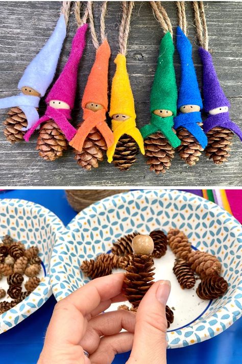 Waldorf Pinecone Crafts, Kids Make Ornaments, Christmas Crafts From Nature, Nature Christmas Ornaments For Kids, Mini Pine Cone Crafts, Christmas Crafts Nature, Diy Nature Christmas Ornaments, Christmas Nature Crafts For Kids, Cone Gnomes Diy