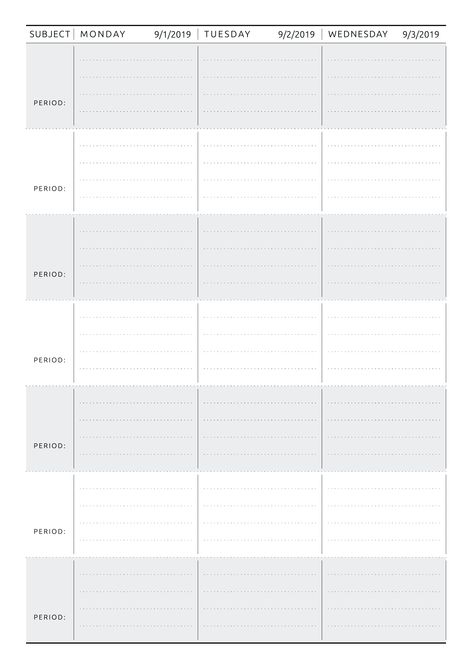 Original Style Dated Weekly planner template on two pages layout to help teachers create lesson planning for a week. All printable templates are available in A4, A5, Letter, Half letter sizes. Also, you can choose the start and finish dates of the academic year. Sections available in this template: Name of Subject 7 Period sections for every day of the week 5 dotted lines for every period Section for making remarks, notes, comments  #teacherplannerprintable #lessonplantemplate #customteacherplan School Trip Packing, Advisory Activities, Weekly Academic Planner, Happy Planner Teacher, Plan Your Year, Student Attendance, Daily Lesson Plan, Teacher Lessons, Weekly Planner Template