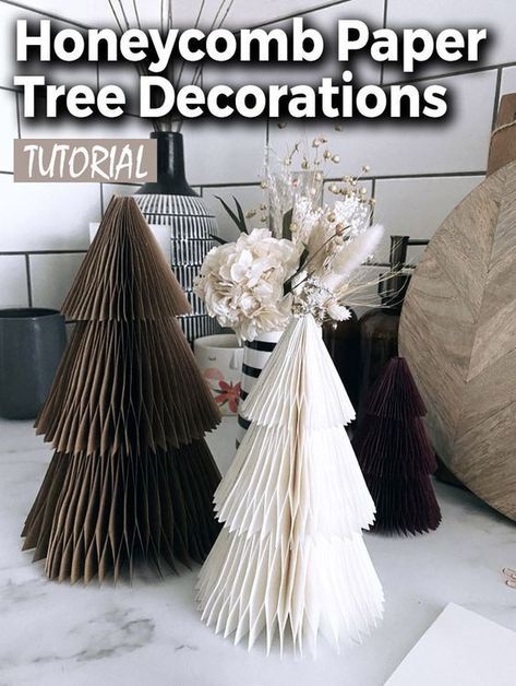 Diy Paper Tree Decorations, Paper Christmas Tree Tutorial, Diy Paper Honeycomb Christmas Tree, Honeycomb Paper Christmas Tree, How To Make Paper Trees Diy Crafts, Accordion Paper Christmas Tree, Honeycomb Tree Diy, Honeycomb Paper Diy, Diy Honeycomb Christmas Tree