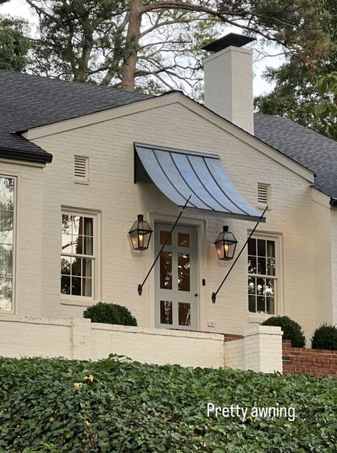 Farmhouse Awnings Over Doors, Copper Awning Front Door, Equestrian Home Exterior, Front Portico Ideas, French Front Doors Entrance, Front Porch Overhang Ideas, House With Awnings, Awning Over Front Door, Colonial Portico