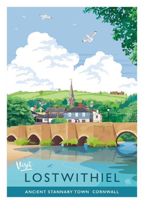 Lostwithiel Cornwall, Uni Bedroom, Travel Poster Design, Railway Posters, Devon And Cornwall, Landscape Illustration, Beautiful Posters, Beautiful Buildings, Vintage Travel Posters