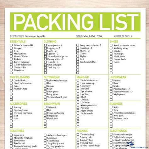 Modern Bright Green Printable Packing List | Etsy Printable Packing List, College Packing Lists, New Home Checklist, College Packing, College Living, Beach Packing, Moving Checklist, Camping Checklist, Moving Tips