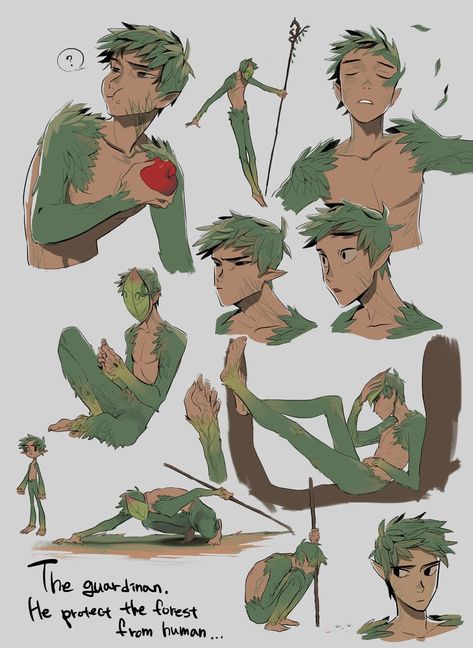 Plant Fairy Character Design, Forest Fairy Character Design, Peter Pan Character Design, Nature Spirit Character Design, Character Holding Book, Fairy Boy Art, Plant Person Character, Plant People Character Design, Fey Character Design