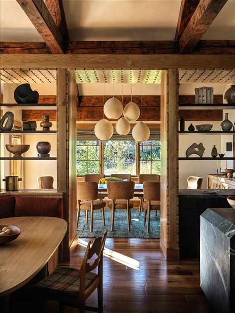 Electric Bowery | Robison Home Builders Electric Bowery, Exposed Beams Ceiling, Stained Trim, Japanese Tile, Dining Banquette, Japanese Soaking Tubs, Basement Inspiration, Double Sided Fireplace, Faux Beams