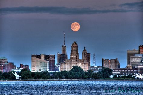 Downtown Buffalo Skyline HDR 2 by broken_gargoyle, via Flickr Walking Home At Night, Ny Skyline, Home At Night, Buffalo City, Full Moon Rising, Buffalo New York, The Big City, Moon Rising, Wheel Loader