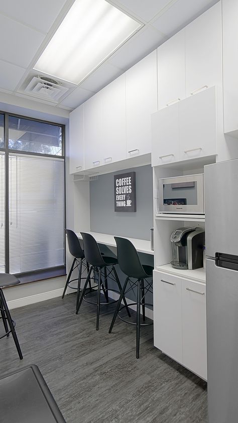 West Loop Dental - Key Interiors Office Kitchenette Break Room, Small Office Break Room Design, Dental Office Break Room, Small Office Kitchen Break Room, Work Lounge Office Break Room, Small Office Break Room, Salon Break Room, Salon Break Room Ideas, Staff Room Design