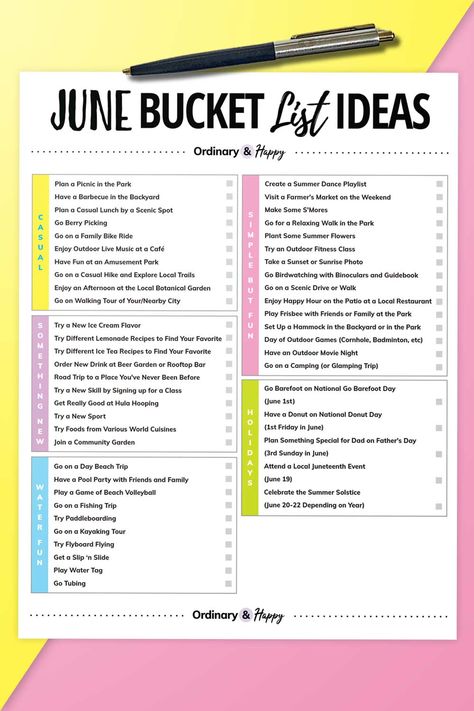 printable of 50 things to do in june split into categories with a pen on a colored background June To Do List, June Bucket List Ideas, June Bucket List, Things To Do In June, June Ideas, June Aesthetic, Ultimate Summer Bucket List, Goal Planner Printable, Dance Playlist