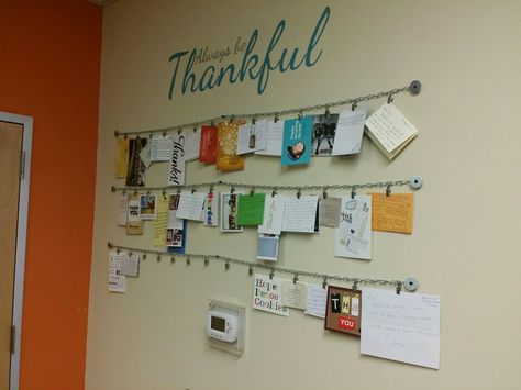 Hang Thank you cards.   Simple chain and Ikea hooks with clips. Easy and secure.   WebTegrity Thank you wall. Thank You Card Display, Hanging Cards On Wall Ideas, Ikea Hooks, Counseling Tips, Creative Office Space, Cards Simple, Creative Office, Simple Chain, School Counseling