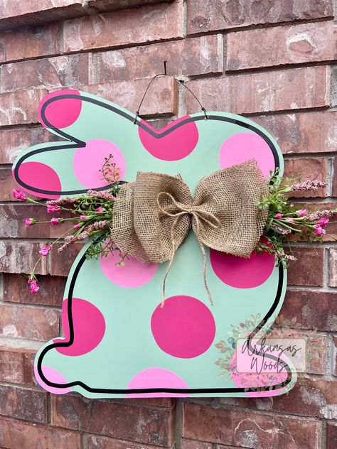 Round Easter Door Hangers, Woods Craft, Vinyl Siding Hooks, Easter Bunny Door Hanger, Spring Greenery, Easter Bunny Decor, Wreath Holder, Custom Door Hangers, Bunny Door Hanger