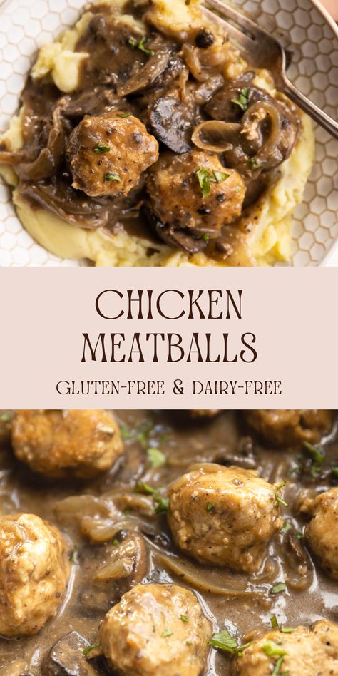 Gluten-Free Chicken Meatballs and Gravy is a simple and easy weeknight dinner recipe! The meatballs are simmered in a flavorful gravy with caramelized onions and sauteed mushrooms. Chicken Meatballs With Gravy, Chicken Meatballs And Gravy, Gluten Free Turkey Meatballs, Ground Chicken Meatballs, Mushroom Meatballs, Alpha Gal, Simple Paleo, Gluten Free Gravy, Mushroom Recipes Healthy