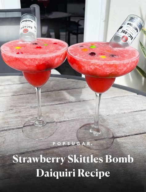 Strawberry Skittles Bomb Daiquiri Recipe and Photos Skittles Recipes, Skittles Drink, Drink The Rainbow, Cocktails Night, Bomb Drinks, Gluten Free Drinks, Daiquiri Recipe, Cocktail Shots, Popsugar Food