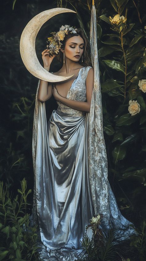 Ethereal Moon Queen glows in a Cancer-inspired silver silk gown, gracing a dreamy night garden with celestial charm and fashion allure. Moon Inspired Wedding Dress, Celestial Being Costume, Zodiac Inspired Outfits, Ethereal Costume Ideas, Celestial Inspired Outfits, Cosmic Wedding Dress, Celestial Goddess Costume, Celestial Cosplay, Moon Dress Aesthetic