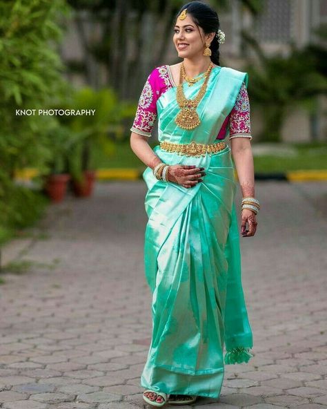 Anushka Saree Images, Sea Green Pattu Saree Wedding, Sea Blue Saree Contrast Blouse, Blue Blouse Designs, Silk Saree Blouse Designs Patterns, Latest Bridal Blouse Designs, Simple Saree Designs, Latest Blouse Designs Pattern, Traditional Blouse Designs