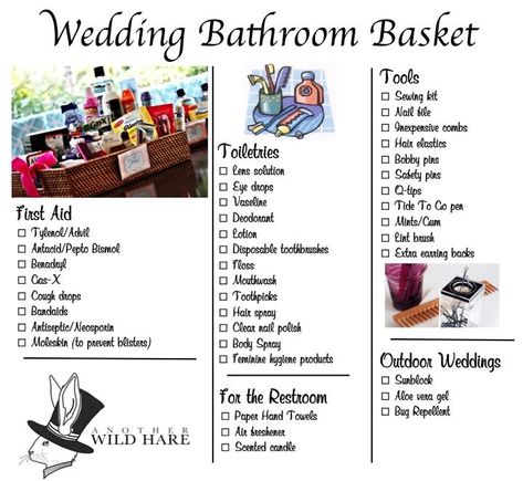 Bathrooms: bathroom Basket checklist...it says wedding but I ... Concrete Wedding, Bathroom Basket Wedding, Ideas Bodas, Bathroom Basket, Wedding October, Wedding Bathroom, Wedding Extras, Bathroom Baskets, Wedding Checklist