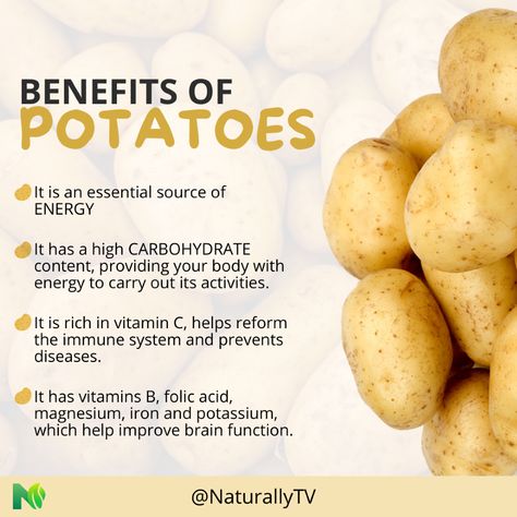 Discover the Magic of Spuds! 🥔✨

Did you know these golden gems are not just delicious but packed with amazing perks?

Boost your energy, support heart health, and enjoy a natural source of vitamins & minerals. Potatoes are your tasty ticket to a healthier you! 🌟

Ready to make your meals more exciting?

Dive into potato goodness today! 🍽️🥳 Benefits Of Potatoes, Improve Brain Function, Boost Your Energy, Folic Acid, Energy Sources, Brain Function, Heart Health, Vitamin B, Healthier You