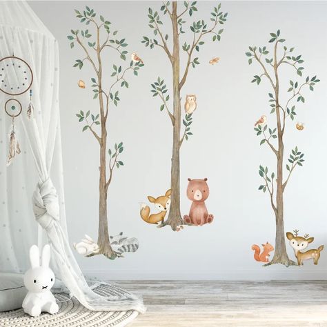 Redwood Rover Woodland Watercolor Wall Tree Decals Fabric Animal Birch Creatures - Bear, Fox, Raccoon, Rabbit, Squirrel, Owl Nursery Décor Stickers #3115 & Reviews | Wayfair Owl Nursery Decor, Wall Tree, Woodland Watercolor, Owl Nursery, Woodland Wall, Tree Decals, Animal Wall Decals, Nursery Decals, Woodland Scene