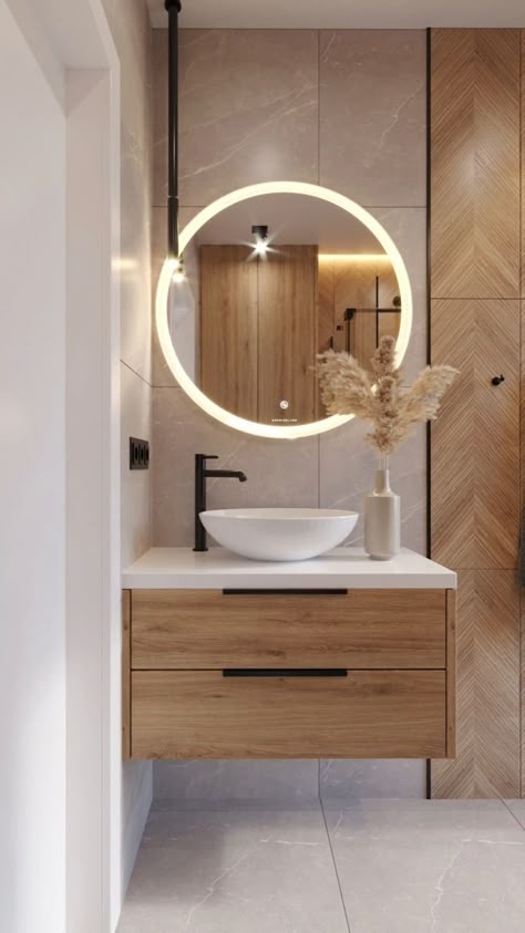 Bathroom Ideas For Apartments Decor, Wood And Marble Bathroom, Wood Bathroom Ideas, Wc Ideas, Bathroom Wood, Small Bathroom Interior, Washbasin Design, Bathroom Design Decor, Chic Bathrooms