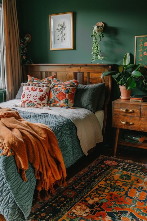 Cozy sage green bedroom featuring dark walls, colorful accessories, and lush plants, embodying chic sage green bedroom decor. Bedroom Pieces, Functional Bedroom, Idea Bedroom, Paint Bedroom, Walls Decor, Bedroom Makeovers, Decorating Bedroom, Sage Green Bedroom, Rugs Bedroom