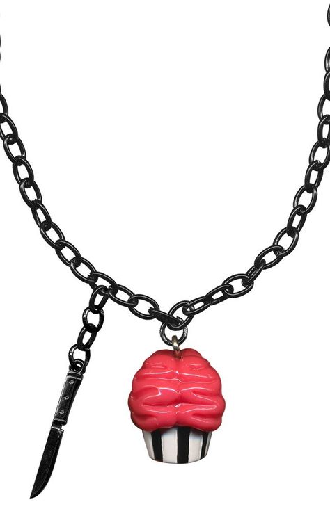 PRICES MAY VARY. Has a pink braincake & knife Kitschy 'n quirky necklace Perfect for any spooky gal! Take a big ole' slice of Braincake! Yep braincake! This kitschy 'n quirky necklace has a pink braincake & knife that hang from a chain link necklace. This necklace measures 9"" from top of chain to the bottom of the braincake, with an additional 3" extender. The chain measures 8" from top to bottom. The braincake measures 11/16" x 3/4" x 5/8" Gothabilly Fashion, Knife Necklace, Sourpuss Clothing, Goth Outfits, Chain Link Necklace, Pharmacy Gifts, Punk Rock, Sugar Skull, True Love