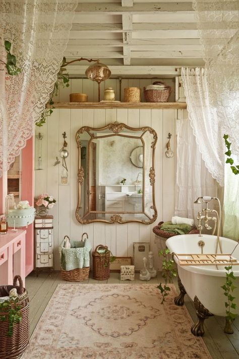 Cottagecore bathroom featuring lace curtains, an antique mirror, a vintage vanity, a clawfoot tub, and wicker baskets. Bathroom Cottagecore, Cottagecore Cabin, Cottagecore Bathroom, Dollhouse Bathroom, Bathroom Retreat, Romantic Cottage, Lace Curtains, Bathroom Inspo, Clawfoot Tub