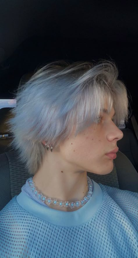 Hair Dye Styles For Men, White Fluffy Hair Boy, Boy With Platinum Blonde Hair, Men’s Platinum Hair, Navy Blue Hair Men, White Hair Color Men, Long Dyed Hair Men, White And Black Hair Men, Short White Hair Men