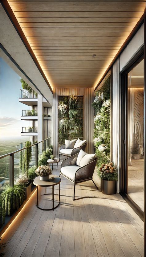 stylish balcony featuring a framed wall garden, cozy seating, and a breathtaking view Modern Terrace Garden, Luxurious Balcony, Wall Gardens, Vertical Garden Ideas, Balcony Flooring, Vertical Gardens, Cozy Seating, Deck Garden, Composite Decking