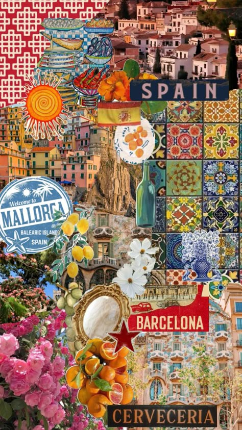 Spain collage homemade Spain Collage, Spain Aesthetics, Spain Aesthetic, Dress Illustration, Collage Board, Summer Scrapbook, Yellow Wallpaper, Balearic Islands, Aesthetic Collage