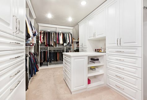 Closet With Peninsula, Closet Peninsula, Custom Closet Cabinets, Peninsula Ideas, Master Closet Ideas, Primary Closet, Custom Laundry Room, Master Closet Design, Closet Island