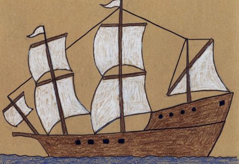 Thanksgiving applied art: draw the Mayflower on scrapbooking kraft paper with white colored pencils (Prismacolor worked better than Crayola for us). This was very satisfying for ages 7-13. 13yo cut the paper & drew on 1/4 of the size of the scrapbook page. The 7yo needed help with each frame of the tutorial. Mayflower Art, Thanksgiving Art Projects, 2nd Grade Art, Fall Art Projects, The Mayflower, 4th Grade Art, 3rd Grade Art, Art Projects For Kids, Thanksgiving Art