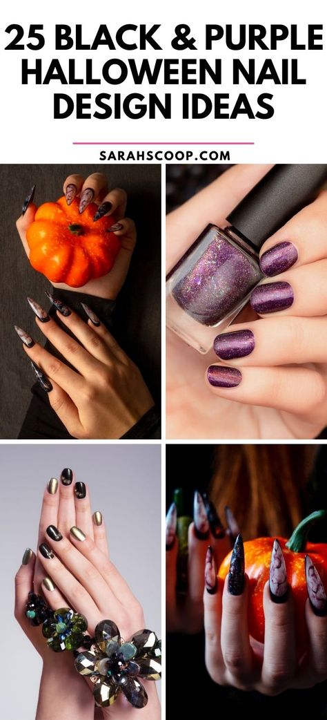 Spook up your style with these bewitching black and purple Halloween nails! 🖤💜 #halloween #nailinspo #black #purple Black And Purple Halloween Nail Designs, Halloween Purple Nails, Purple And Black Nail Ideas, Black And Purple Halloween Nails, Dark Purple And Black Nails, Purple Halloween Nail Designs, Black And Purple Halloween, Purple Halloween Nails, Black And Purple Nails