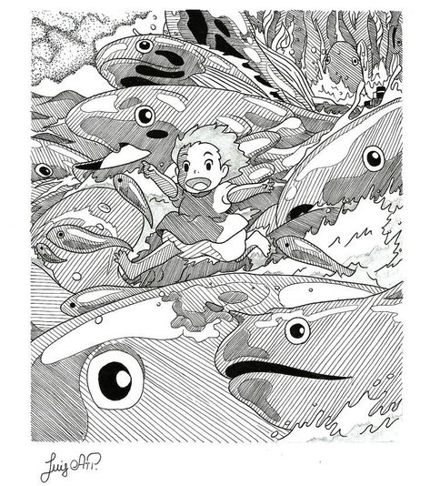 Ghibli Manga Panels, Ghibli Pencil Drawing, Ghibli Studio Sketch, Ponyo Sketch Studio Ghibli, Studio Ghibli Manga Panels, Ponyo Black And White, Ghibli Sketch To Draw, Ponyo Drawings Studio Ghibli Art, Studio Ghibli Line Art