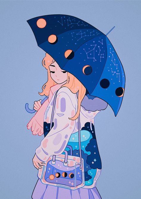 Planets, Umbrella, A Woman, Moon, Stars, Art