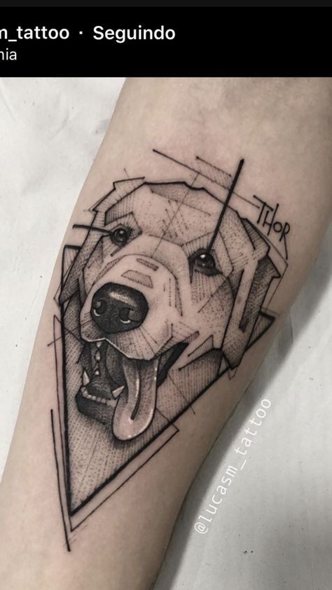 Geometric Dog Tattoo, Pet Portrait Tattoos, Golden Retriever Tattoo, Boxer Tattoo, Tatoo Dog, Small Dog Tattoos, Geometric Line Tattoo, Portrait Tattoos, Thailand Tattoo