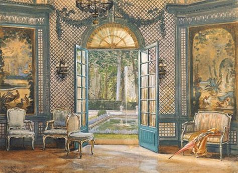 Rendering of the Trellis Room at the Colony Club, interior design by Elsie de Wolfe Best Coffee Table Books, Elsie De Wolfe, Design Library, Interior Illustration, Interior Rendering, Open Door, Vintage Interiors, Winter Garden, Garden Room