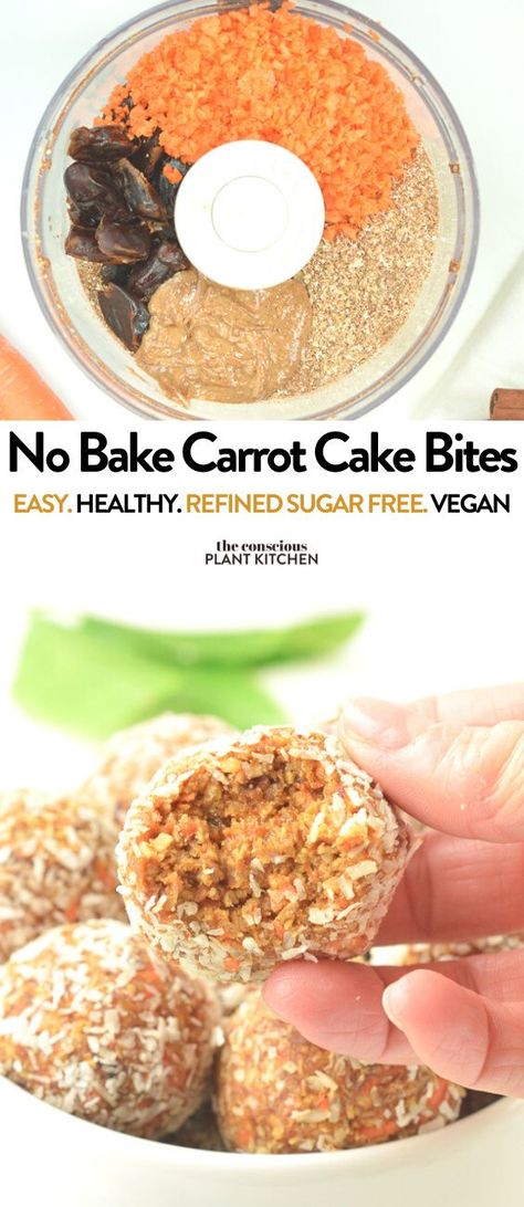 Vegan Protein Snacks, Carrot Cake Bites, Vegan Energy Balls, Energy Bites Recipes, Healthy Carrot Cakes, Vegan Carrot Cakes, Desserts Vegan, Cake Bites, Healthy Bites