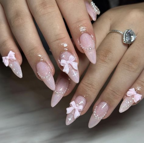 Bow Nail Designs, Princess Nails, Girly Acrylic Nails, Really Cute Nails, Pearl Nails, Soft Nails, Nail Swag, Pink Acrylic Nails, Girls Nails