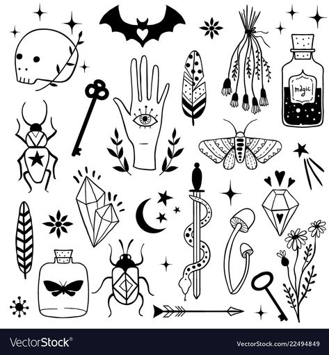 Witch magic design elements set Royalty Free Vector Image Boho Illustration, Witchcraft Symbols, Witch Tattoo, Doodle Tattoo, Magic Design, Witch Magic, Desenho Tattoo, Tattoo Flash Art, Skull Tattoos