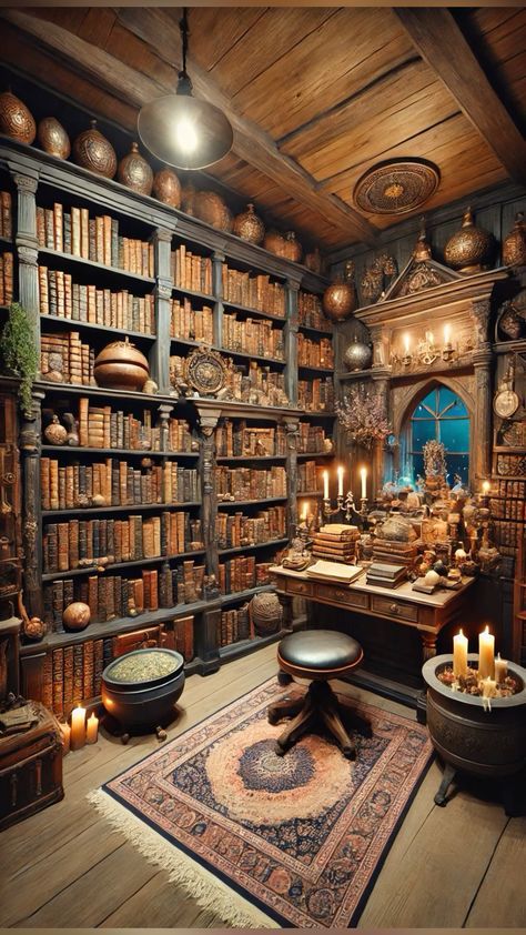 Witch Study Room, Harry Potter Library Aesthetic, Apothecary Bookshelf, Witch Bookshelf, Witch Library, Bookworm Room, Wizard Library, Wizard Room, Dark Academia Room Ideas