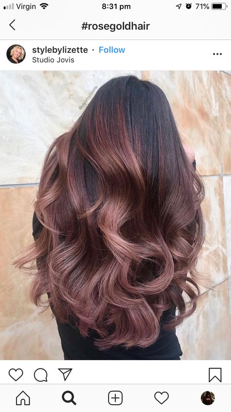 Rose Brown Highlights On Dark Hair, Dark Hair With Rose Gold, Chocolate Brown Hair With Pink Highlights, Rose Brown Hair Color Brunettes, Chocolate Rose Hair, Dark Rose Gold Hair Brown, Rose Gold Balayage Brunettes Dark, Brown Rose Gold Hair, Dark Hair Pink Highlights