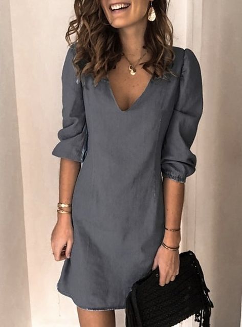 Women's Shift Dress Short Mini Dress Blue Black Light gray Light Blue Half Sleeve Solid Color Fall Spring V Neck Hot Casual Puff Sleeve 2022 S M L XL XXL 3XL 2022 - US $28.51 Eloping Wedding, Over Fifty Fashion, Am To Pm, True Summer, Summer Colours, Dress Sleeve Length, Ideal Customer, Mode Casual, Half Sleeve Dresses