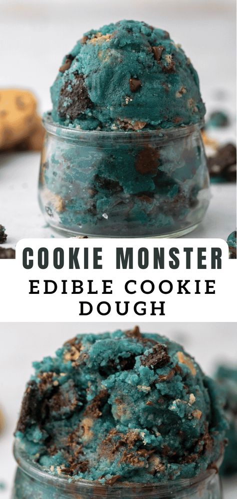 This cookie monster edible cookie dough is a fun play on edible cookie dough and cookie monsters. Make this as a late night snack or as a fun dessert to serve during birthday parties! Cookie Monster Cookie Dough, Edible Dough Recipes, Cookie Monster Recipes, Blw Snacks, Recipes Cookie Dough, Edible Business, Cookie Dough Flavors, Edible Dough, Eggless Cookie Dough Recipe