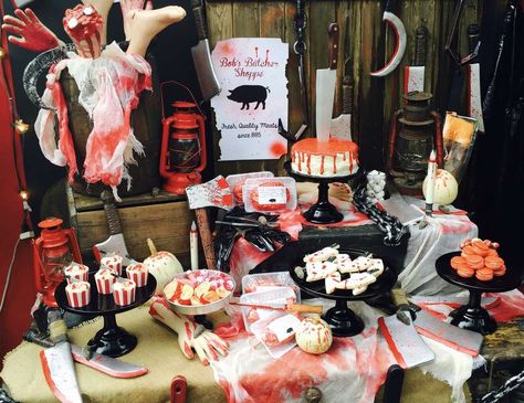 Halloween Butcher Shop, Butcher Shop Halloween, Adult Halloween Party Food, Shop Halloween Decorations, Horror Themed Party, Halloween Themed Birthday Party, Cheap Diy Halloween Decorations, Adult Party Themes, Halloween Party Ideas