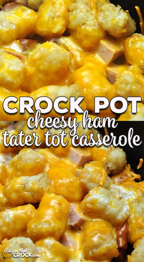 This Cheesy Crock Pot Ham Tater Tot Casserole is a super easy recipe that young and old alike devour! It is simple and delicious! Easy Dinner Recipes Ham, Tater Tot Ham Casserole, Ham And Tater Tot Casserole Dinners, Crock Pot Ham And Potatoes Recipes, Crockpot Ham Casserole Recipes, Slow Cooker Ham Casserole Recipes, Diced Ham Recipes Dinner Crock Pot, Crock Pot Ham Casserole Recipes, Crockpot Recipes Tater Tots