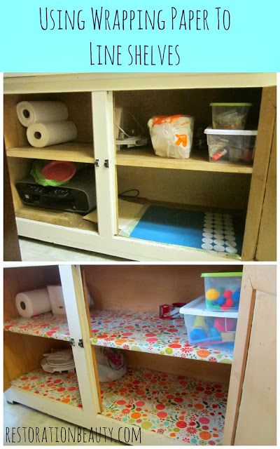 Using Wrapping Paper To Line Shelves! No more waiting to find the perfect shelf liner! Wrapping Paper Shelf Liner, Shelf Liner Ideas, Cabinet Liners, Clear Wrapping Paper, Kitchen Shelf Liner, Kitchen Drawer Liners, Liner Ideas, Cheap Shelves, Rv Remodeling