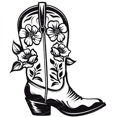 Western Svg Free Files For Cricut, Western Png Designs, Cowgirl Doodles, Cowgirl Boot With Flowers, Boot With Flowers, Cowboy Hat Svg, Hello Kitty Clipart, Western Clipart, Cowgirl Svg