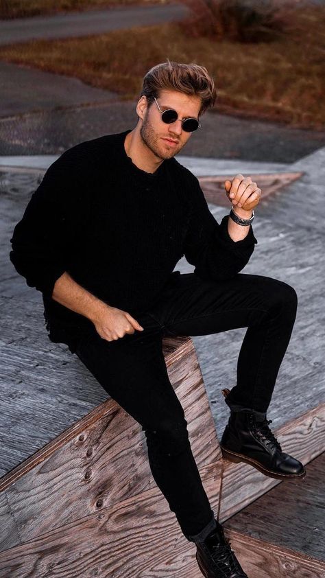 Elevate your casual days with these effortlessly stylish shoe outfits that combine comfort and fashion effortlessly. Black And Black Outfit Men, Men's Black Outfit, Black Sweater Men Outfits, Mens Black Fashion, Men In All Black Outfits, Men’s Black Outfits, Black Boot Outfits Men, All Black Look Men, Black Shoes Men Outfit