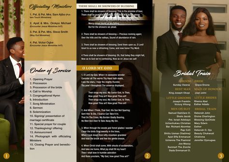 Trifold wedding program booklet design (back page) Program Booklet Design, Nigerian Wedding Reception, Wedding Program Examples, Wedding Program Booklet, Booklet Ideas, Wedding Reception Program, Wedding Booklet, Wedding Graphic Design, Wedding Program Design