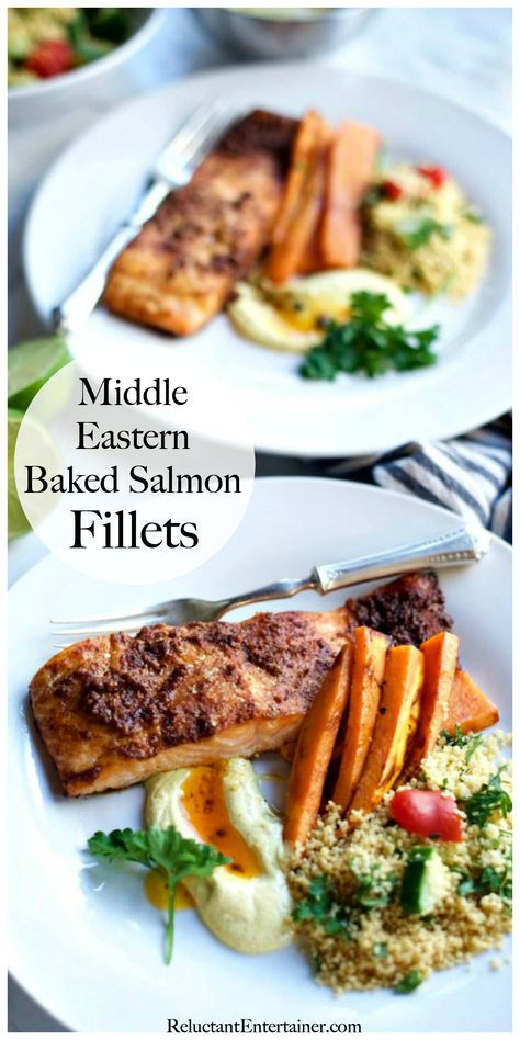 Middle-Eastern Baked Salmon Fillets #mideasternbakedsalmon #bakedsalmon #mideastern Middle Eastern Salmon, Lebanese Salmon, Greek Yogurt Sauce, Lebanese Food, Easy Salmon Recipes, Healthy Salmon, Mediterranean Food, Lebanese Recipes, Yogurt Sauce